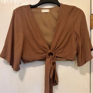 Altar’d State Brown Flutter Sleeve Front Tie Boho Crop Top size Medium